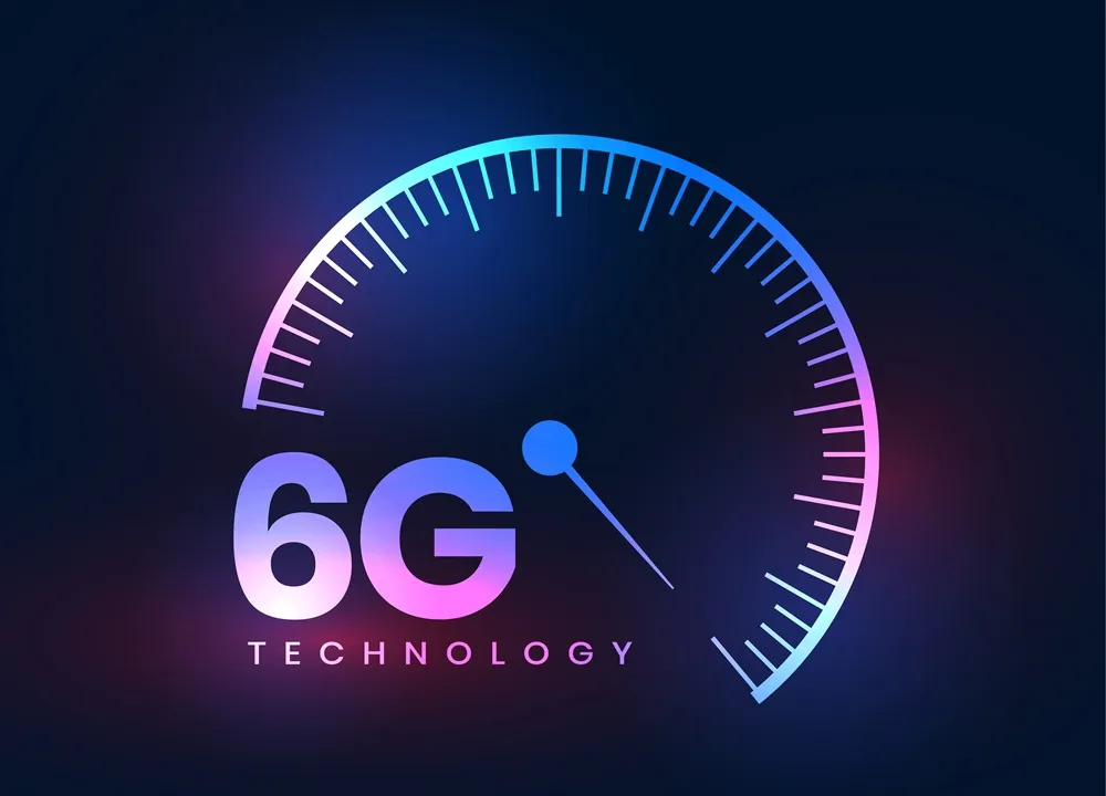 A glowing speedometer style graphic with the label “6G Technology.”