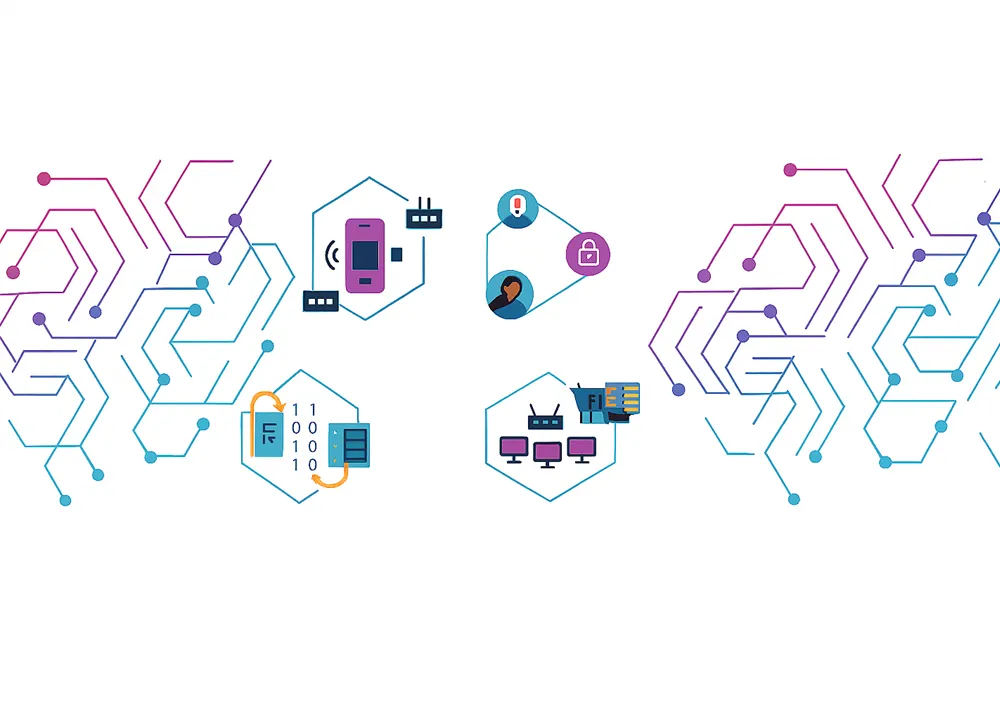 A digital illustration of smart grid components with circuit like lines and technology icons.
